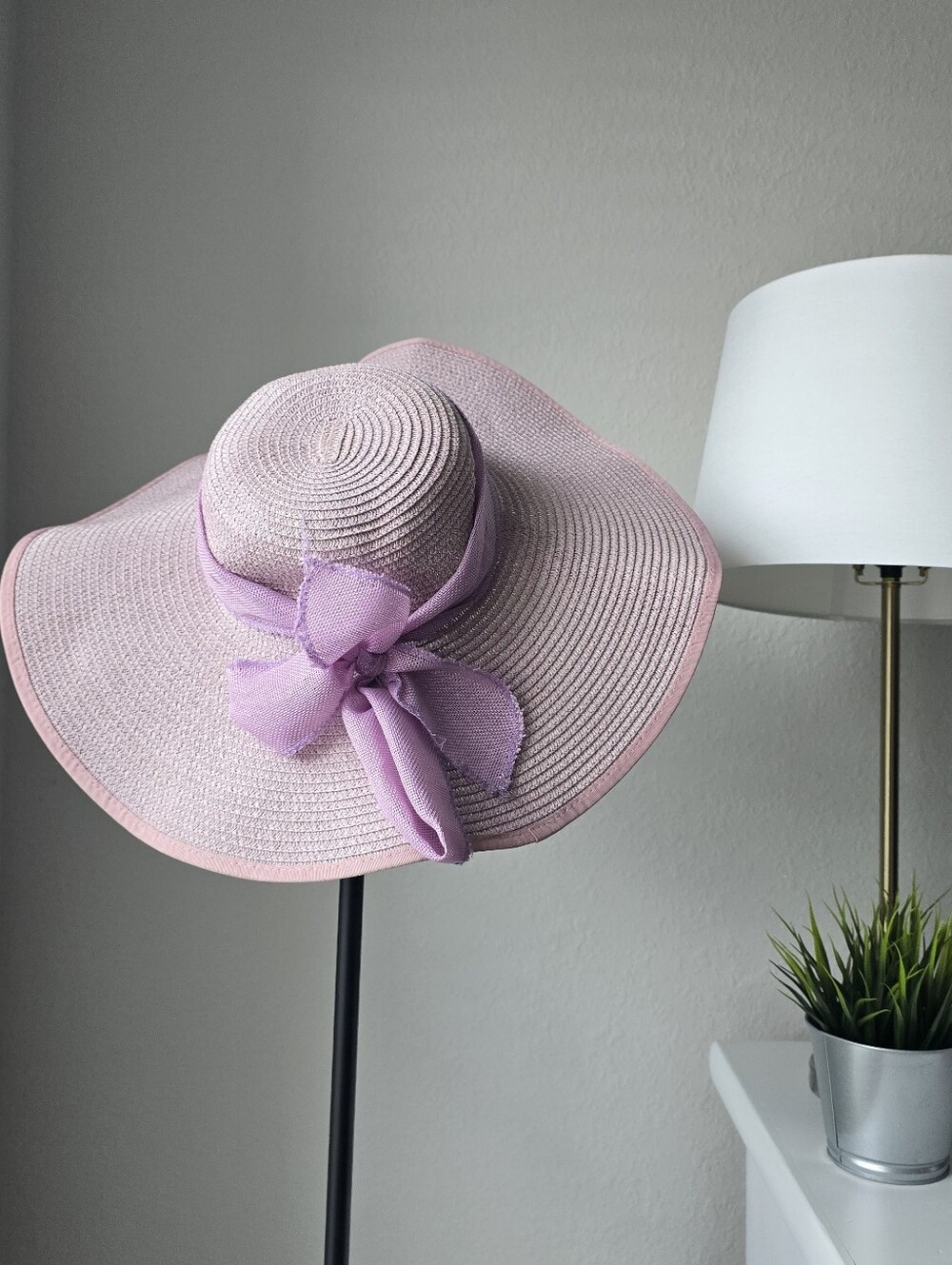 🌸 Lavender Straw Sun Hat Wide Brim Beach Hat Bow Floppy As-Is Stain
